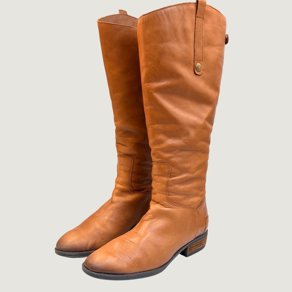 Sam Edelman Penny Whiskey Tan Leather Riding Boots Knee High Back Zip Mens 8.5